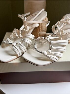 White Strappy Heeled Sandals with Ring Accent